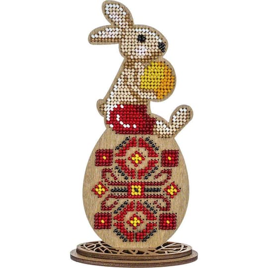 Wonderland Crafts Bunny Sitting on Red Egg Bead Embroidery on Wood Kit